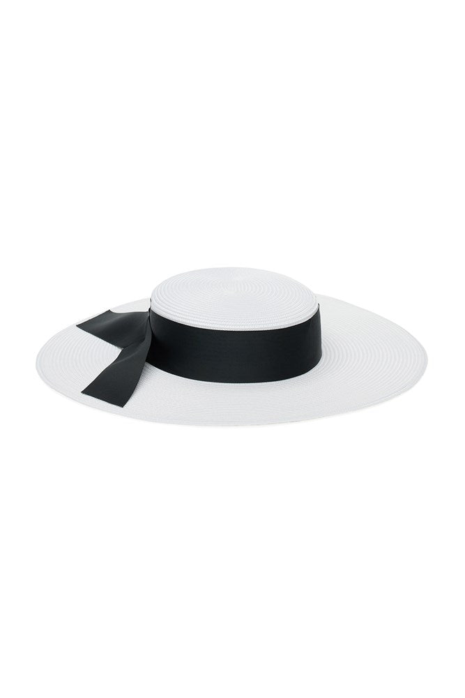 Black and store white boater hat