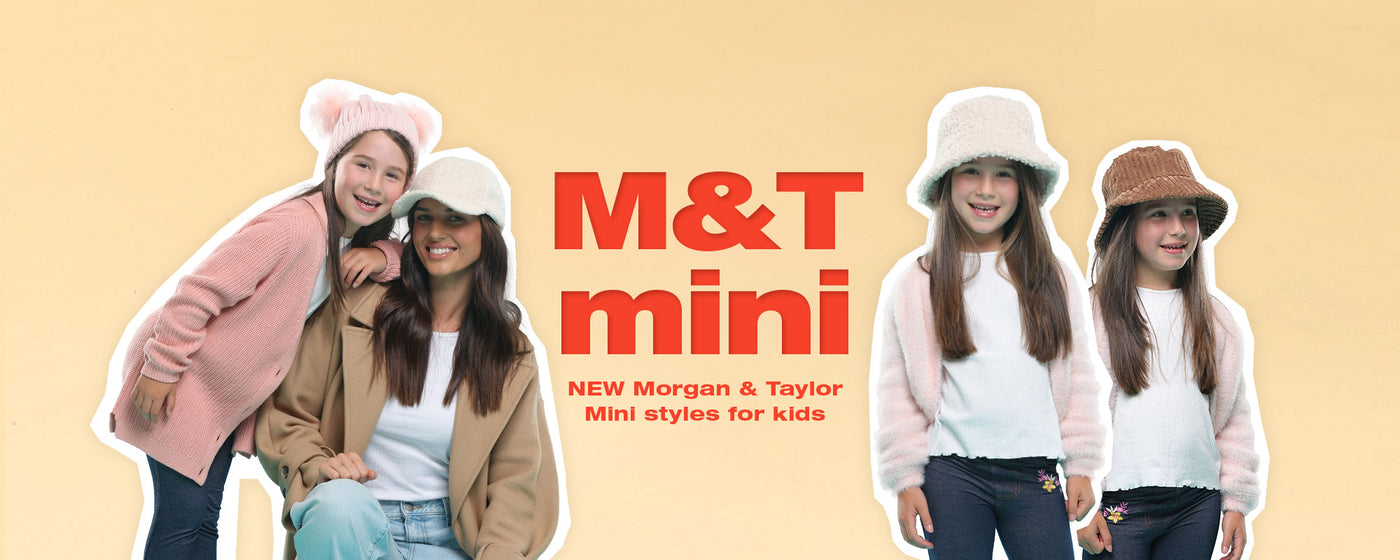 Morgan & Taylor Mini Winter Collection for Kids, banner showing Morgan & Taylor's new beanies, bucket hats and caps for kids