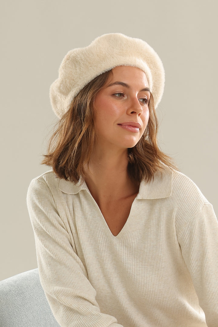 The Morgan & Taylor Paris Fluffy Knit Beret in Cream  display picture 1