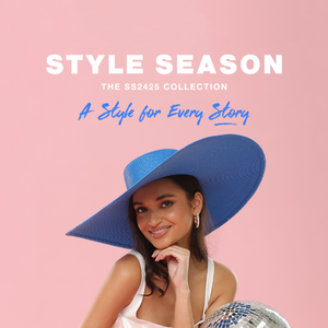 Homepage banner of the Morgan & Taylor SS2425 Collection: Style Season. Featuring a model wearing a Savannah Boater in Blue, at a party.