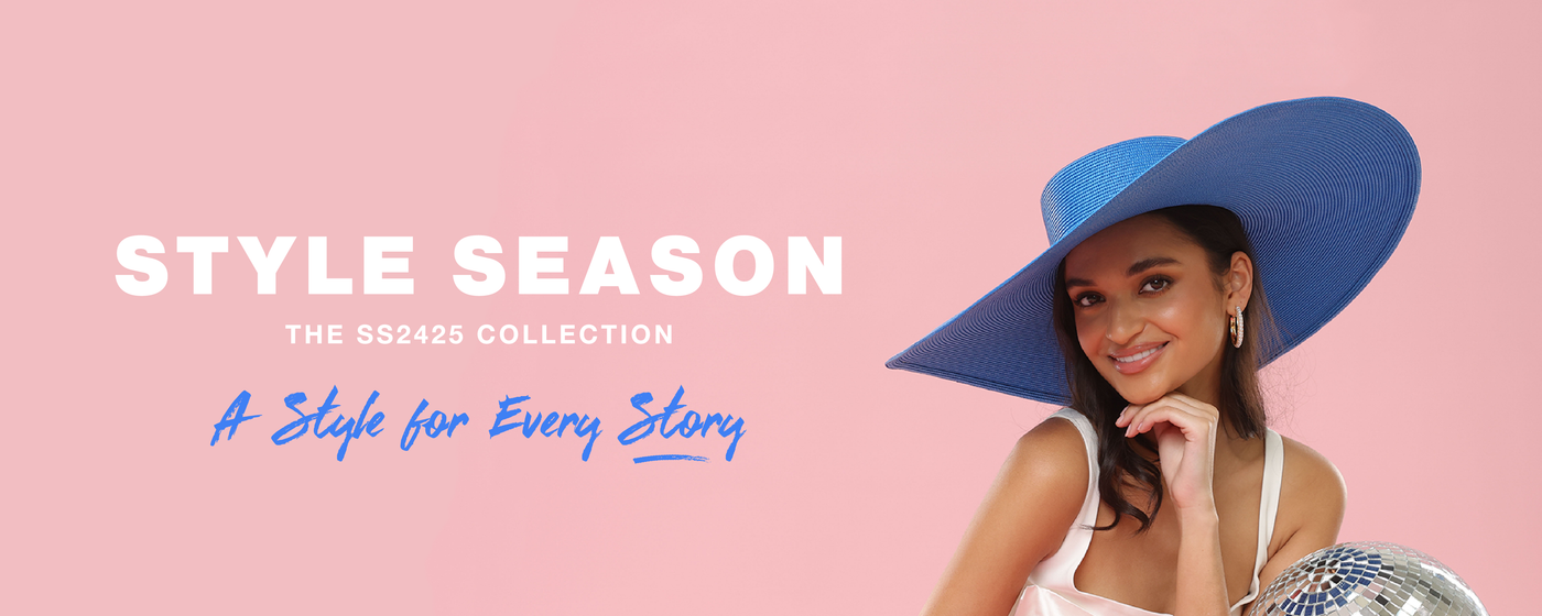 Homepage banner of the Morgan & Taylaor SS2425 Collection: Style Season. Featuring a model wearing a Savannah Boater in Blue, at a party.