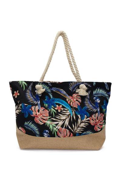 Front-on Image of the The Morgan & Taylor Mikonos Beach Bag in black floral