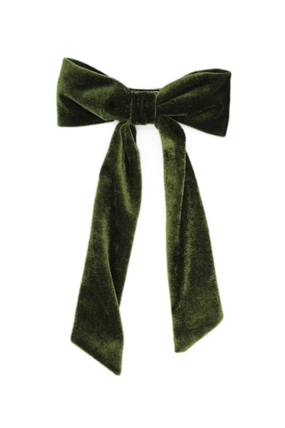 The Morgan & Taylor Piera Bow in Olive Green, a soft, velvet clip with Bow detail. 